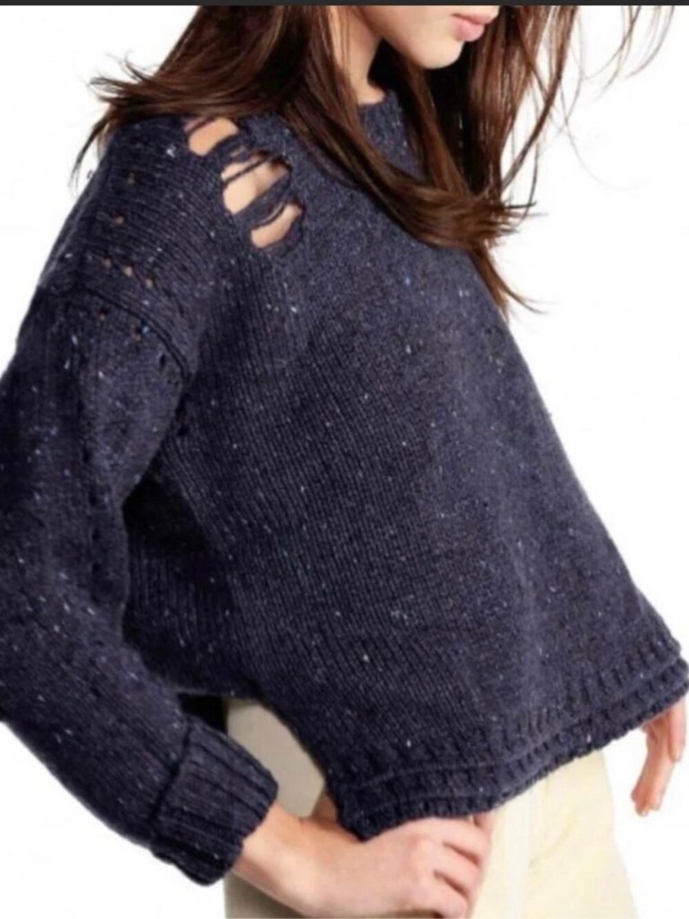Wildfox After Party Distressed Black Speckled Wool Blend Sweater